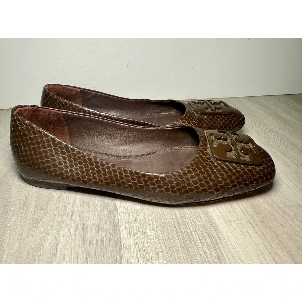 Tory Burch Brown Snake Embossed Leather Logo Medallion Ballet‎ Flats Womens 5.5
